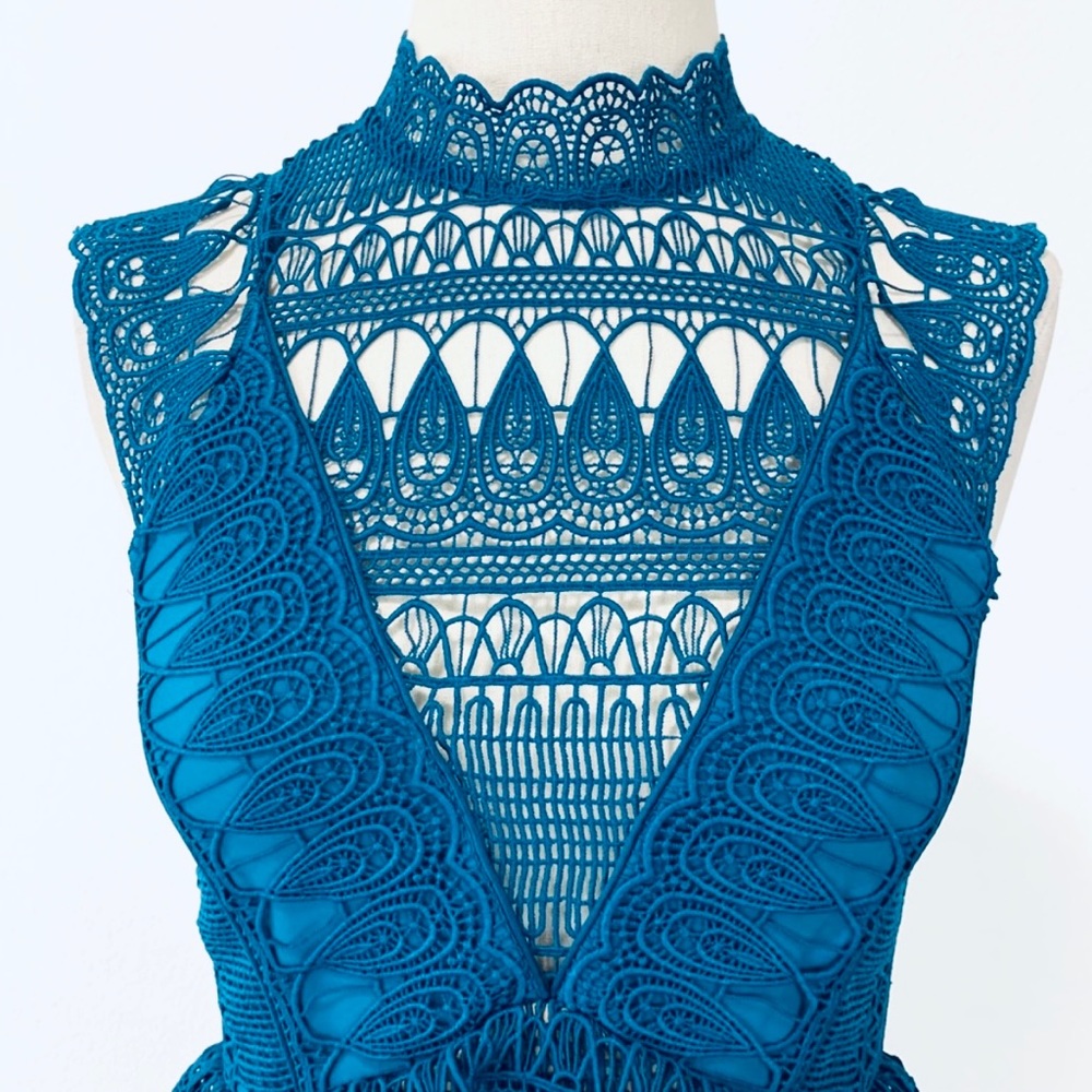 Self-Portrait Teardrop Guipure Tiered Lace Turquoise Teal BOHO Embroidery Dress - Picture 8 of 16